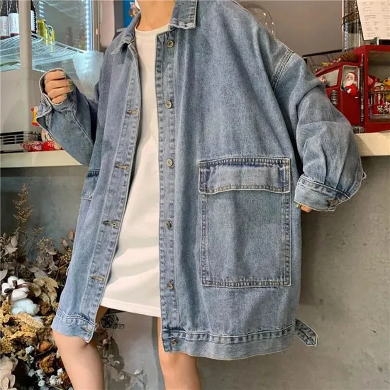 

Spring Women's Solid Color Denim Coat Korean Fashion Casual Vintage Top Loose Simple Commute Simple Cotton Long-Sleeved Top