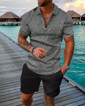 Summer Men's New Casual Zipper Polo Suit Fashion Trend Animal Motifs 3D Printing High Quantity T-Shirt Shorts Two Piece Set 2