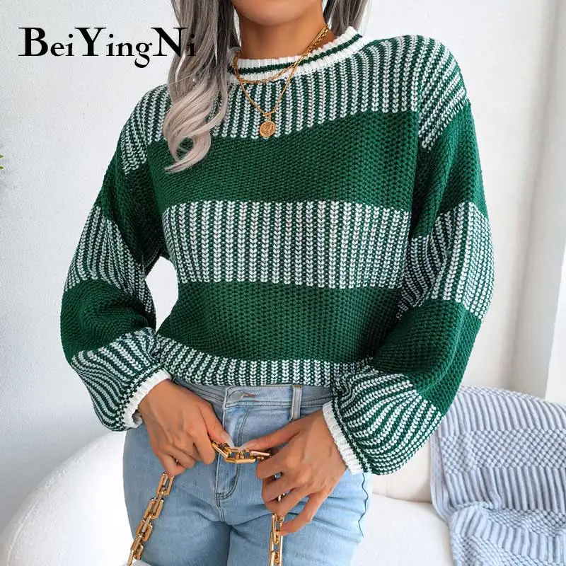 

Beiyingni Women Pullover Sweater O-neck Long Sleeve Wide Striped Spell Color Autumn Winter Femme Jumper Knitting Loose Basic Top