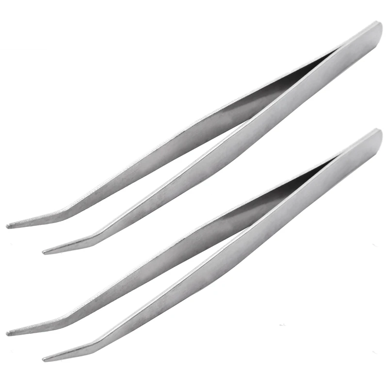 

2X 5.9 Inch Long Silver Tone Bent Curved Tip Tweezers Forceps Plier Hand Tool