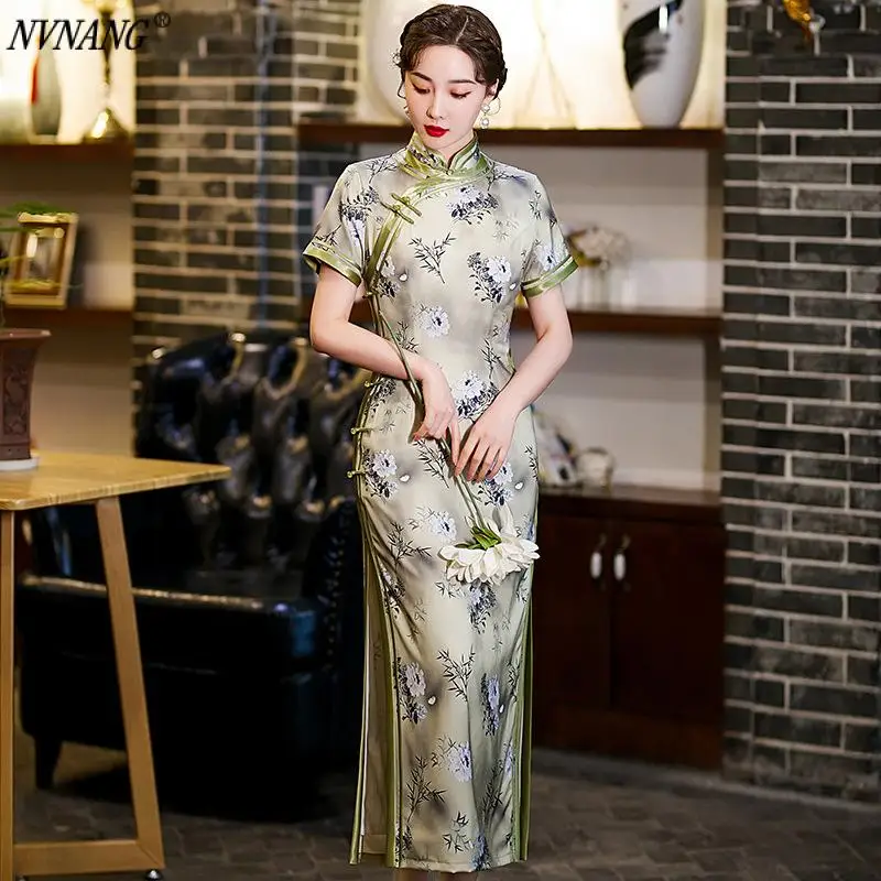 

Nvnang Chinese Cheongsam, Spring and Summer Womens Dress Wedding Style Chinese Style Stand CollarFashion Short-Sleeved Cheongsam