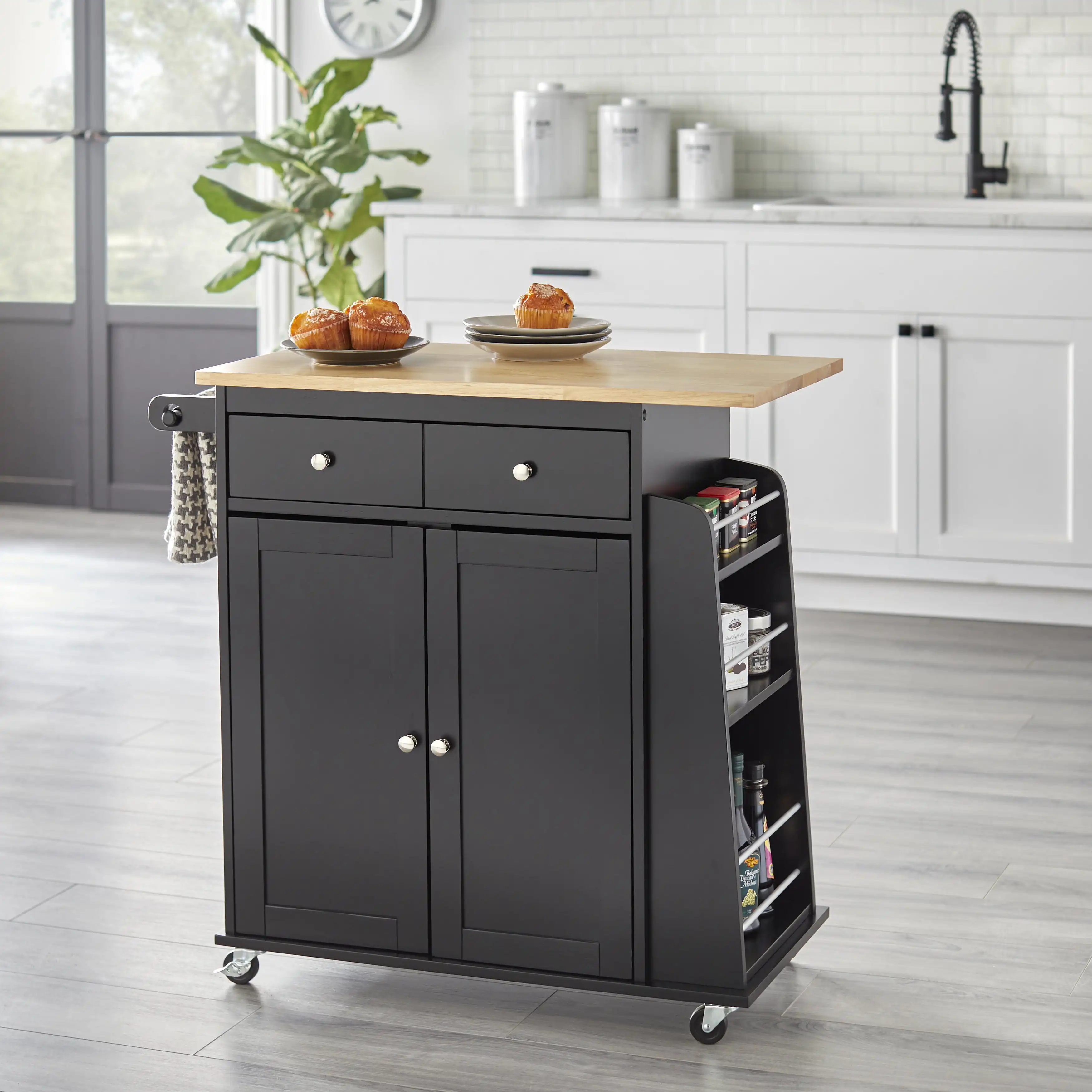 

Wood Composite Kitchen Cart, Black, White,Red