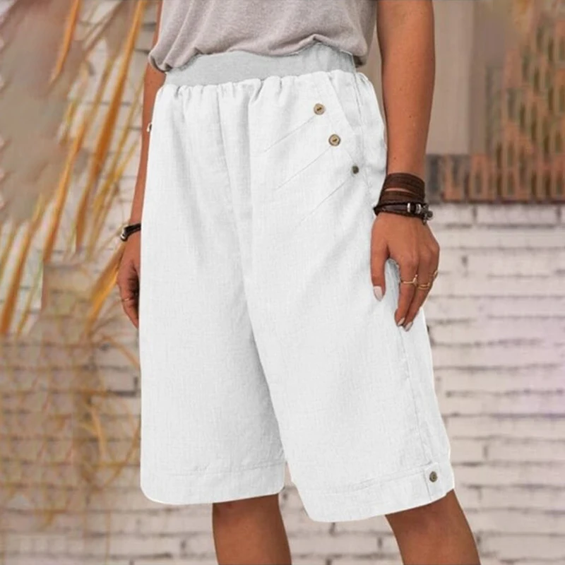 Women Elastic Waist Shorts Pants Button Chic Half Capris Trousers Summer Beach Travel Grunge Pants Lady Half Straight Pants