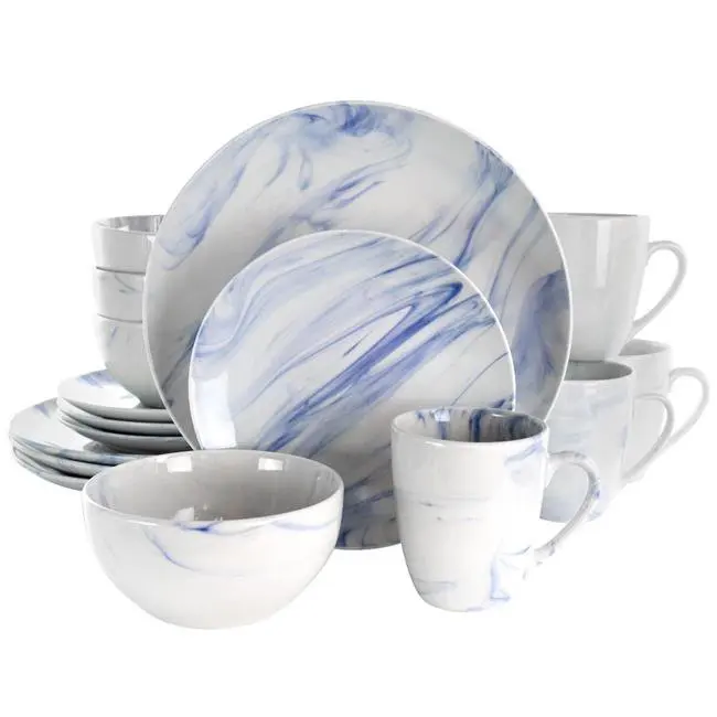 

Fast Shipping Fine Marble 16 Piece Stoneware Dinnerware Set in Blue and White