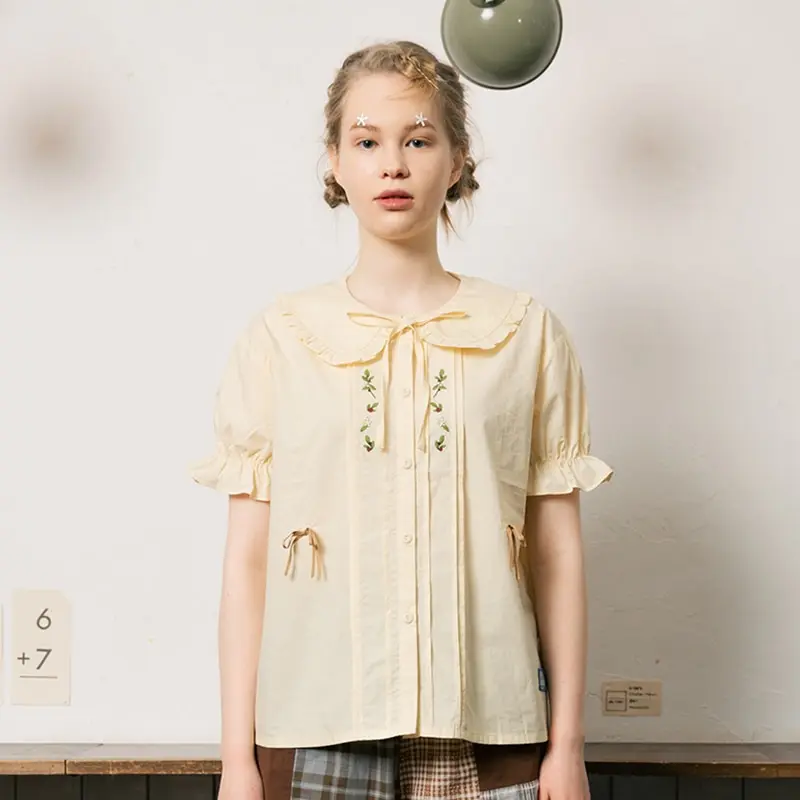 

Женская хлопковая блузка Bebobsons, оригинальная нишевая шикарная летняя блузка для девочек-подростков, милая блузка с коротким рукавом и бантом, с вышивкой в виде растений