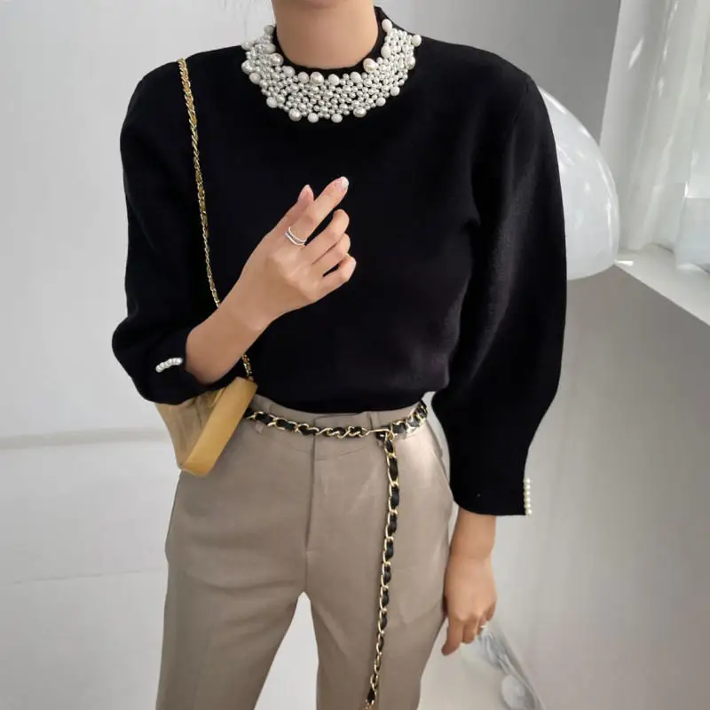 Корейские Элегантные вязаные пуловеры свитер вязаная одежда с бусинами и ложным