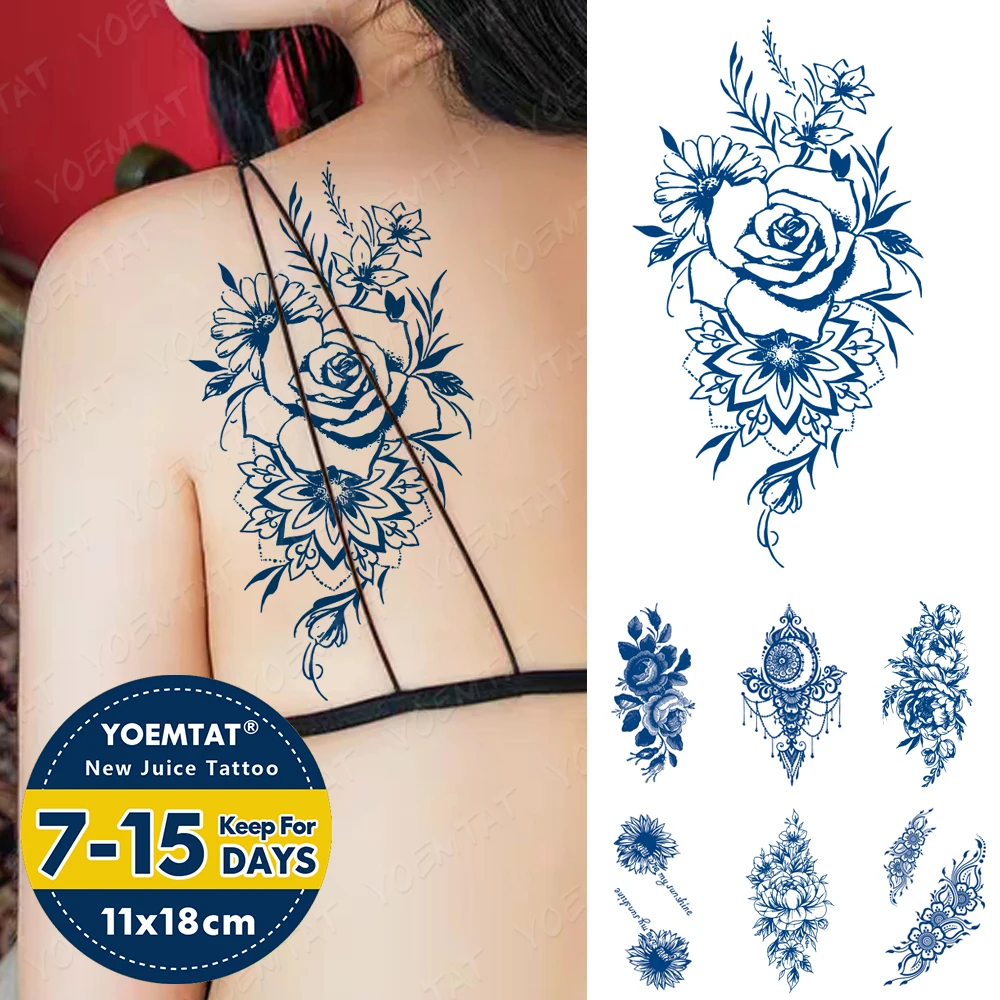 

Blue Ink Juice Waterproof Temporary Tattoos Sticker Henna Rose Flash Transfer Tattoo Body Art Lasting Fake Tatto For Men Women