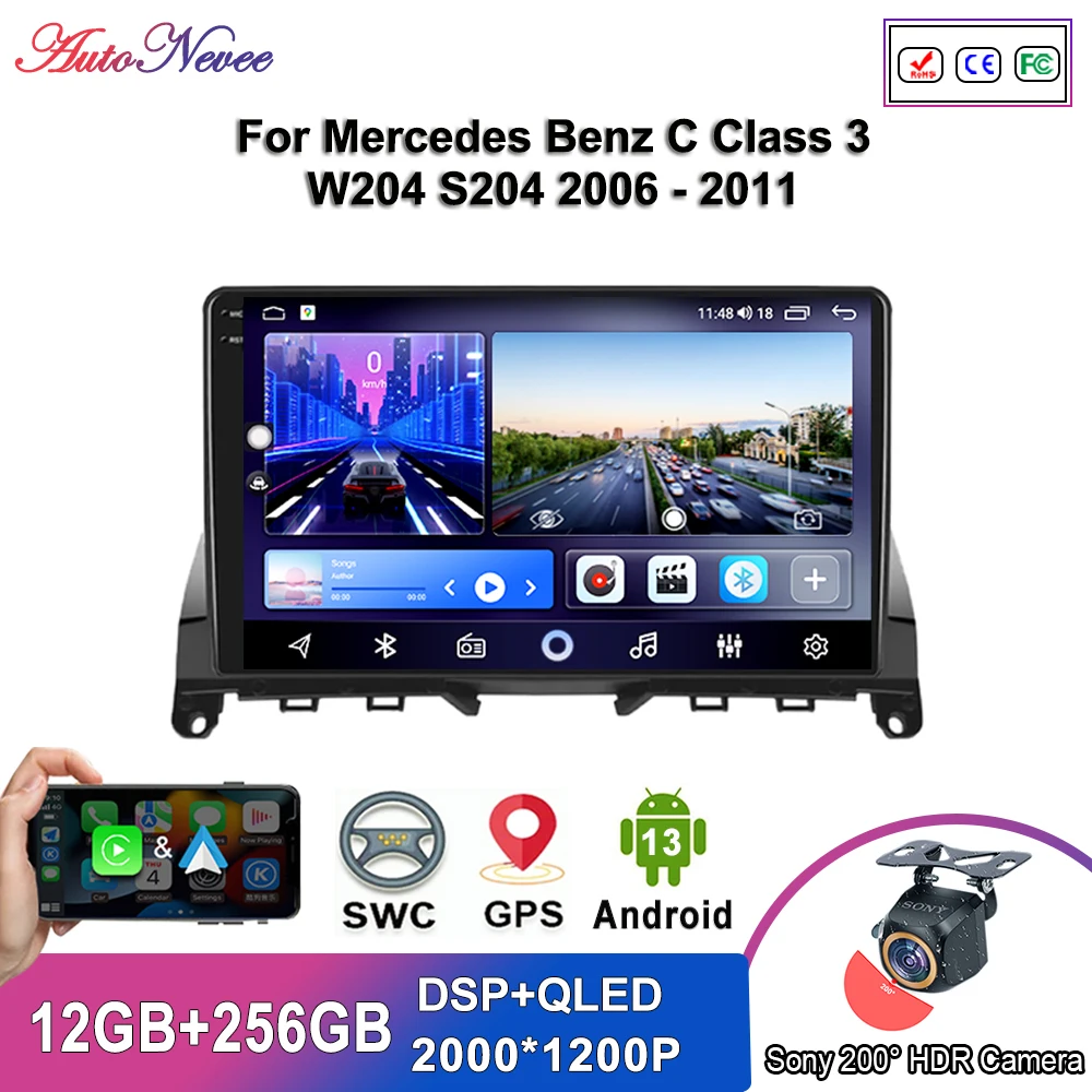 Автомобиль Android 14 для Mercedes Benz C Class 3 W204 S204 2006-2011 Авто радио Мультимедийный плеер