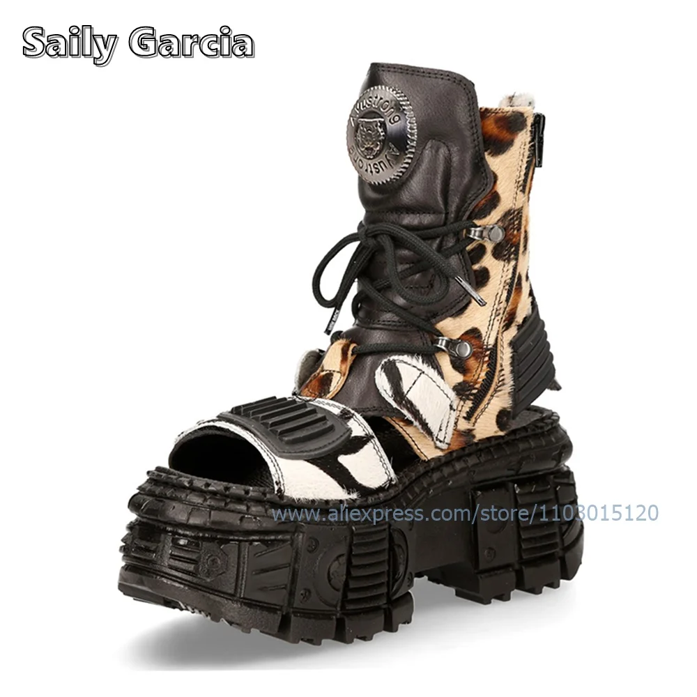 Сандалии Leopord до середины икры на толстой подошве ботинки с открытым носком