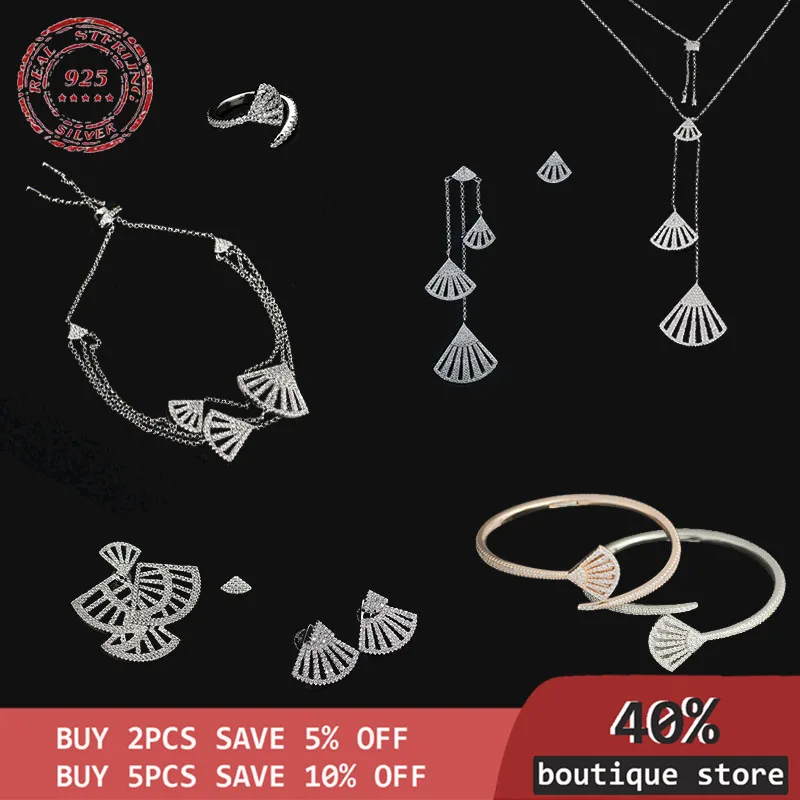 

Sterling Silver Fashion fan-shaped earrings bracelet necklace S925, diamond earrings, rings, bracelets, 925 sterling silver set