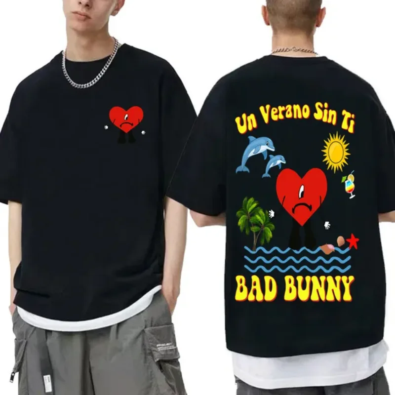 

Футболка с графическим принтом «UN VERANO SIN TI Bad Bunny», Мужская/женская футболка в стиле хип-хоп, футболка с двухсторонним принтом музыкального альбома и коротким рукавом L