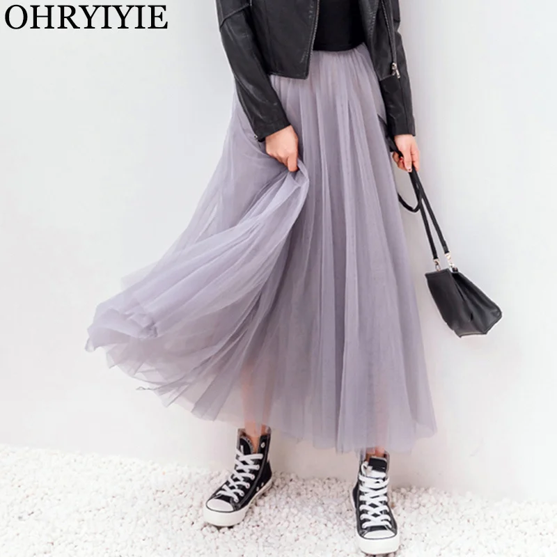 

Осень-зима 2022, винтажная юбка OHRYIYIE из тюля, женские эластичные сетчатые юбки с высокой талией, длинная Плиссированная юбка-пачка, Женская длинная юбка