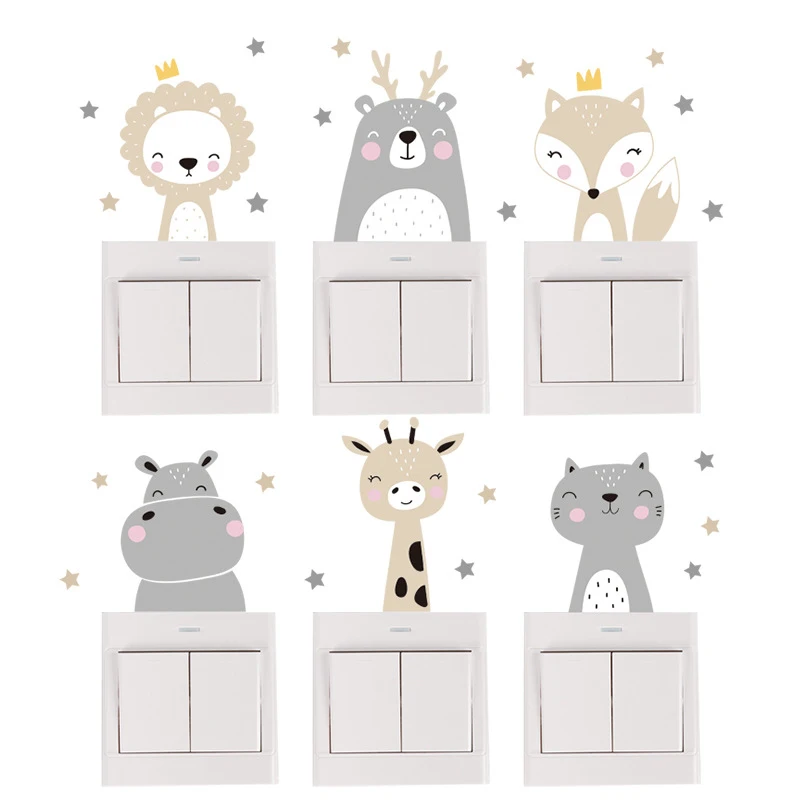

6pcs/set Boho Color Cute Smile Cartoon Animals Switch Stickers for Wall Kids Room Baby Nursery Room Wall Decals Stars Home Decor