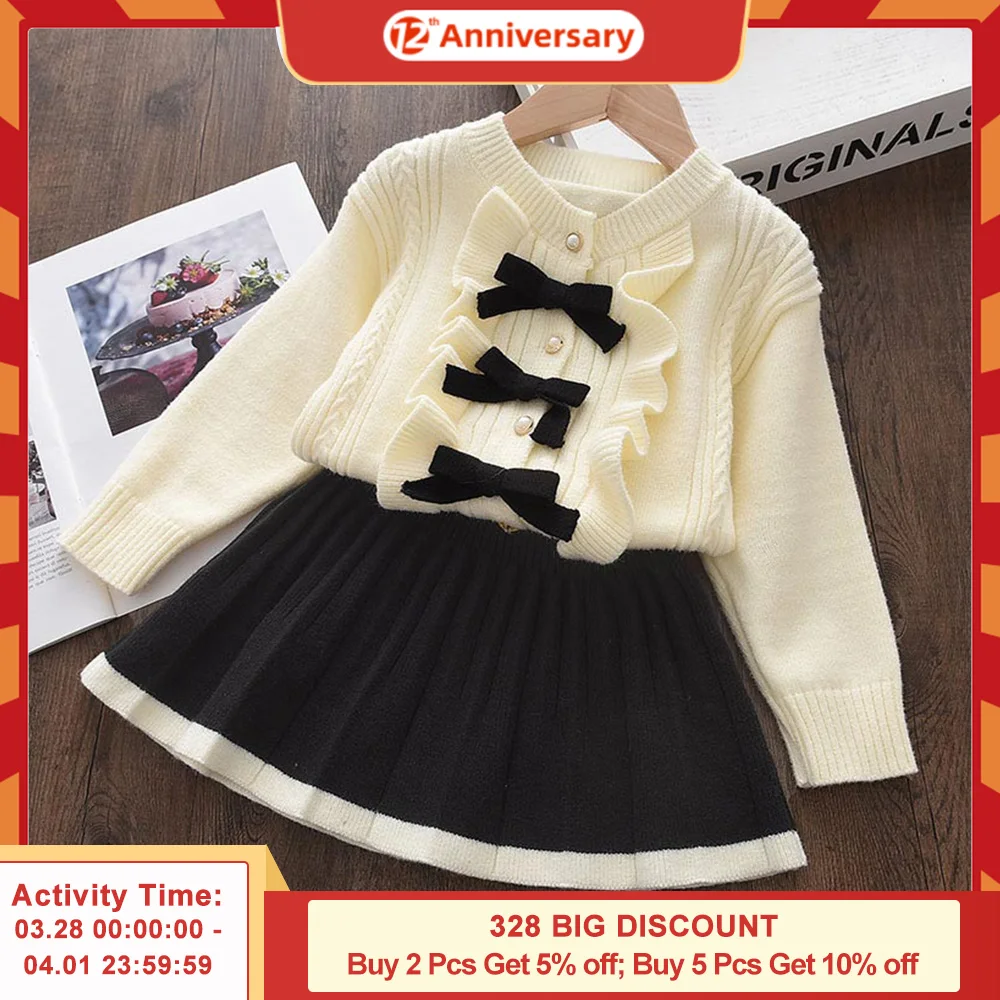 

Keelorn Girls Classic Clothing Sets Autumn Knitting Long Sleeves Kids Princess Top and Skirt 2pcs School Uniform Outfits 1-8 Yrs