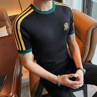 2022 new summer short sleeve knitted sweater men clothing solid all match slim fit stretched turtleneck casual pullovers s 4xl