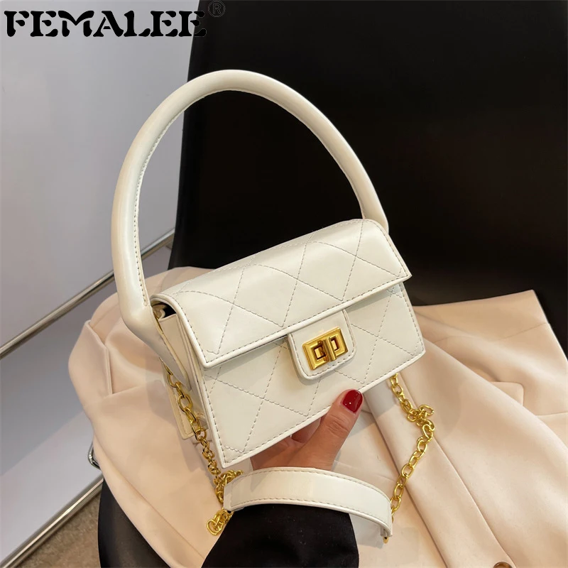 

FEMALEE Fashion Top Handle Bags Women Diamond Lattice PU Leather Shoulder Bags Thread Flap Bag Leisure Small Square Tote Handbag