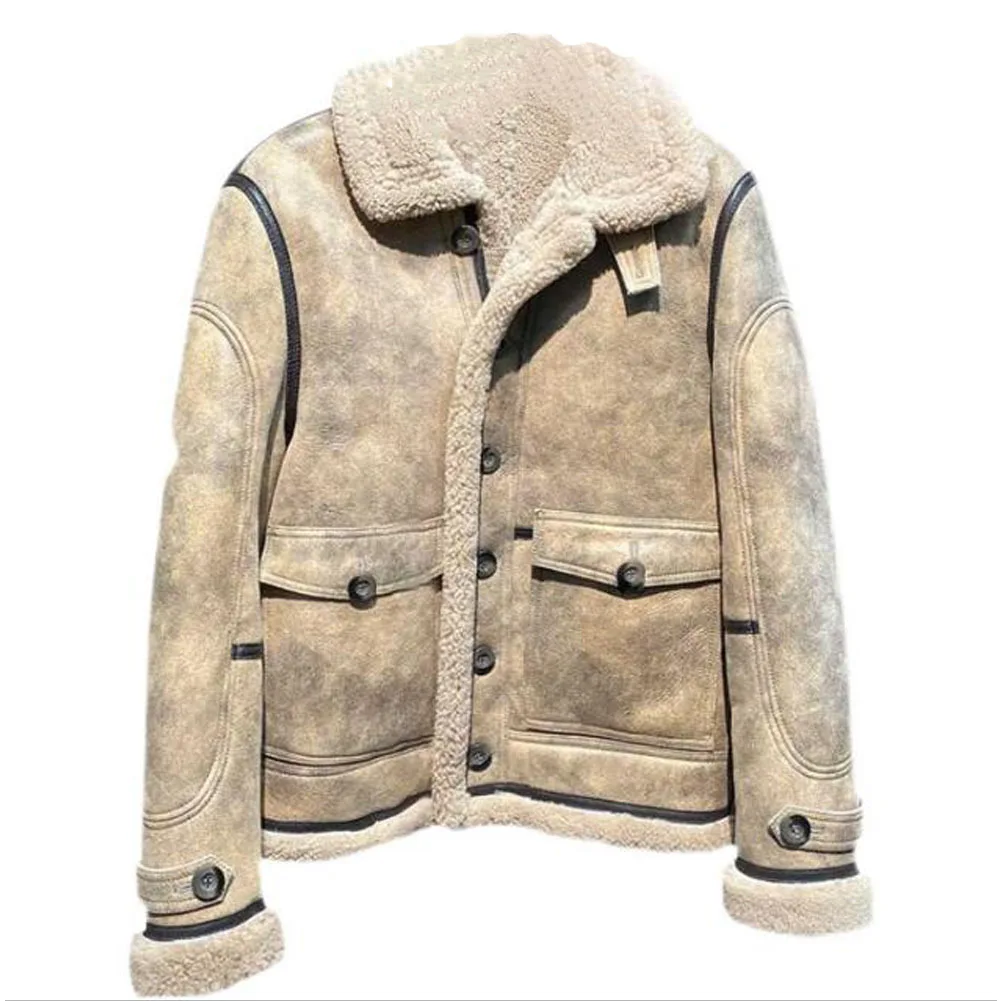 Denny&Dora Mens Shearling Coat Mens Fur Coat Baseball Sheepskin Pilot ...