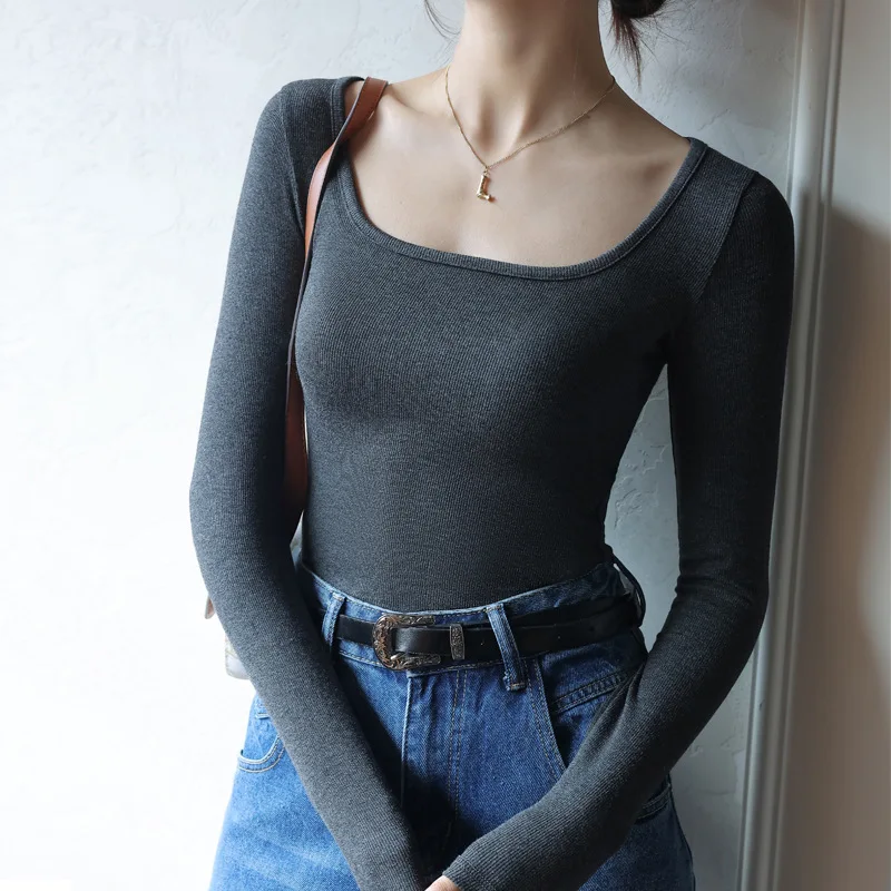 

Modal T-shirt 2023 black low-necked women's spring top long-sleeved Korean slim top