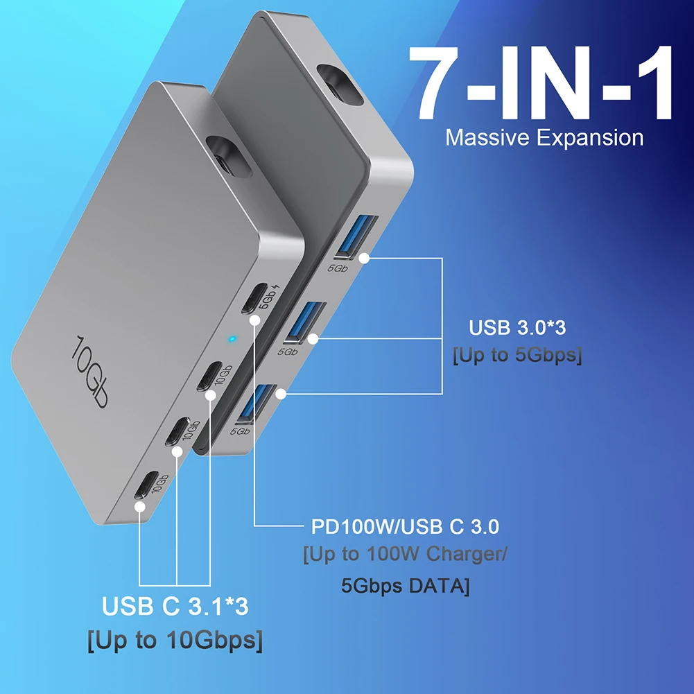 

7 in 1 Type-C 3.2 Gen2 USB Splitter 10Gbps Type C Multiport Adapter PD 100W Compatible for Windows/Mac OS/Chrome OS/Android