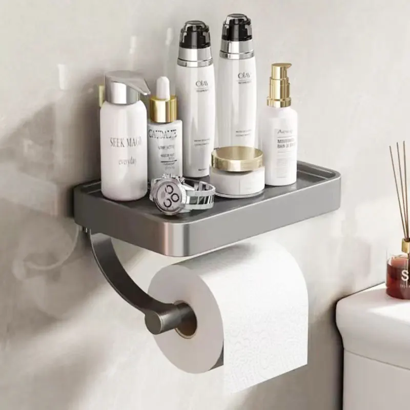 

Nail Free Grey Toilet Paper Holder Aluminum Wall Mounted Toilet Paper Roll Holder Bathroom Accessories WC Decor Storage Shelf
