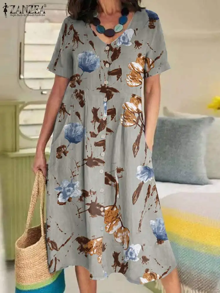 

Платье ZANZEA женское до середины икры, элегантный повседневный свободный сарафан средней длины с цветочным принтом в богемном стиле, с коротким рукавом и V-образным вырезом