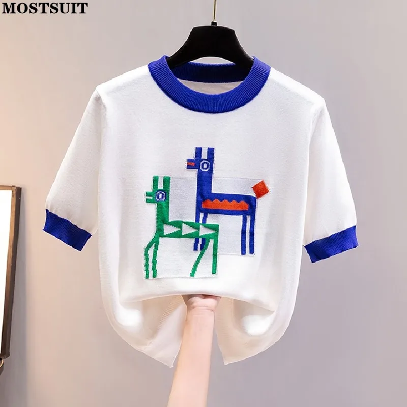 

Женский трикотажный жаккардовый свитер, повседневный пуловер с коротким рукавом и круглым вырезом, лето 2022