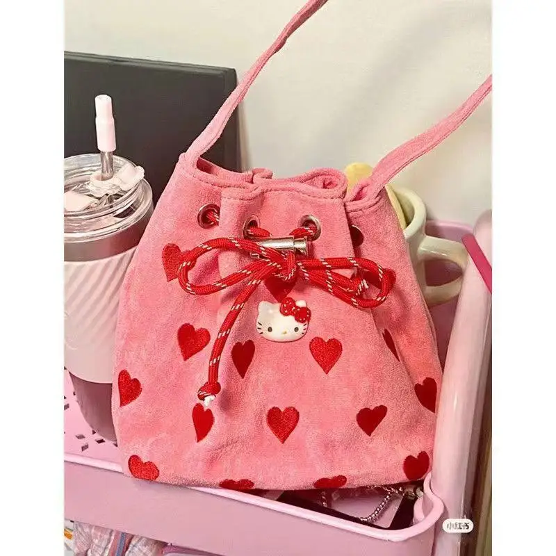 

Kawaii Hello Kitty Embroidered Handbag Cute Drawstring Heart Shoulder Bag Girl Anime Cartoon Messenger Bag Girl Birthday Gift