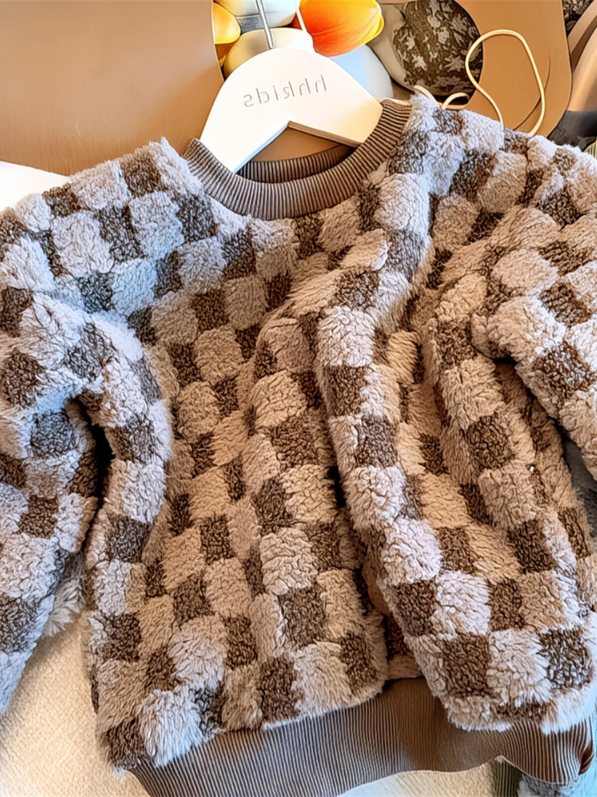 Warm Velvet Top Autumn and Winter Children's Plaid Long sleeve Clothing Thick Wei 2024 Wool plus Korean Sle Clot...