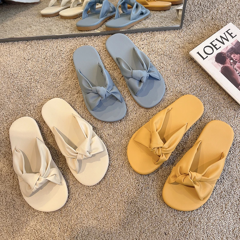 2022 summer slippers women's bow luxury flat bottom outer wear designer sandals soft bottom basic indoor simple PU women's shoes