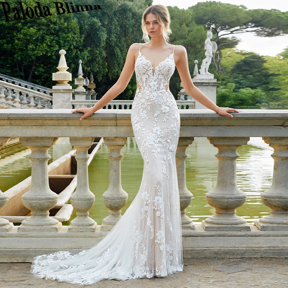 

Paloda Elegant Trumpet Appliques Wedding Dresses 2023 Bride Spaghetti Straps Backless V-Neck Sleeveless Button Vestidos De Novia
