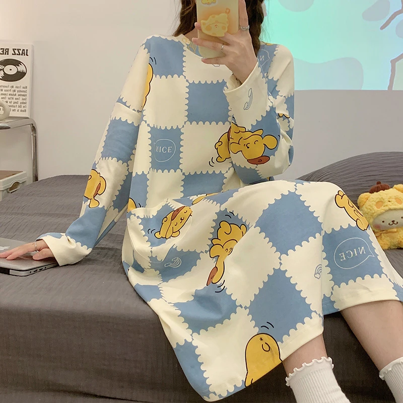 CAIYIER 3XL Winter Koren Blue Stripe Nightdress Long Sleeve Simple Sleepdress Female Loose Nightgowns Girls Soft Bathrobe Pajama