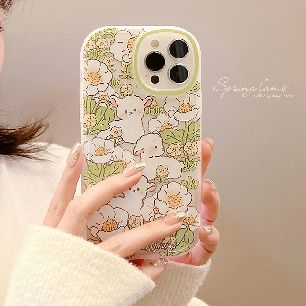 Retro sweet Spring white Flower bush sheep art Phone Case For iPhone 14 13 12 11 Pro Max 14Plus Xr Xs Max 8 Plus case Cute cover