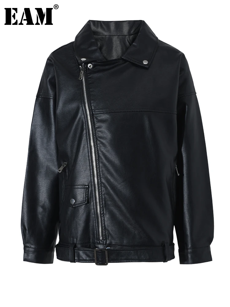 

[EAM] свободный крой, абрикосовый цвет, искусственная кожа, большой размер, повседневная куртка, новинка, с отворотом, с длинным рукавом, Женск...