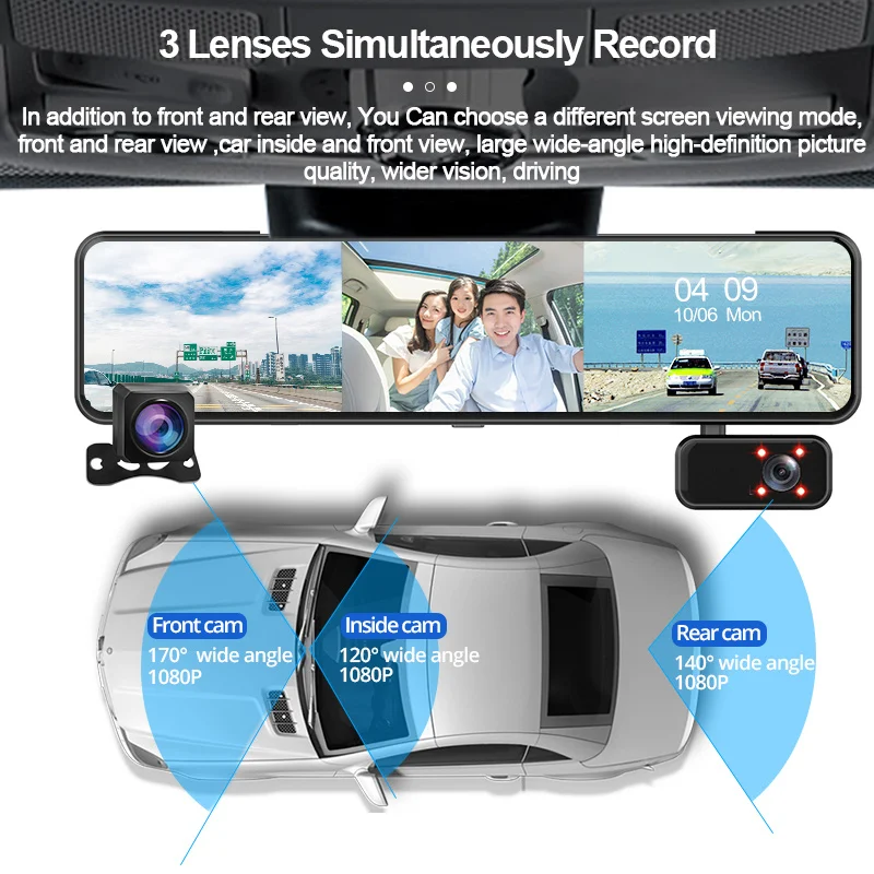 E-ACE 1080P камера заднего вида 12 дюймов GPS видеорегистратор с двойным объективом