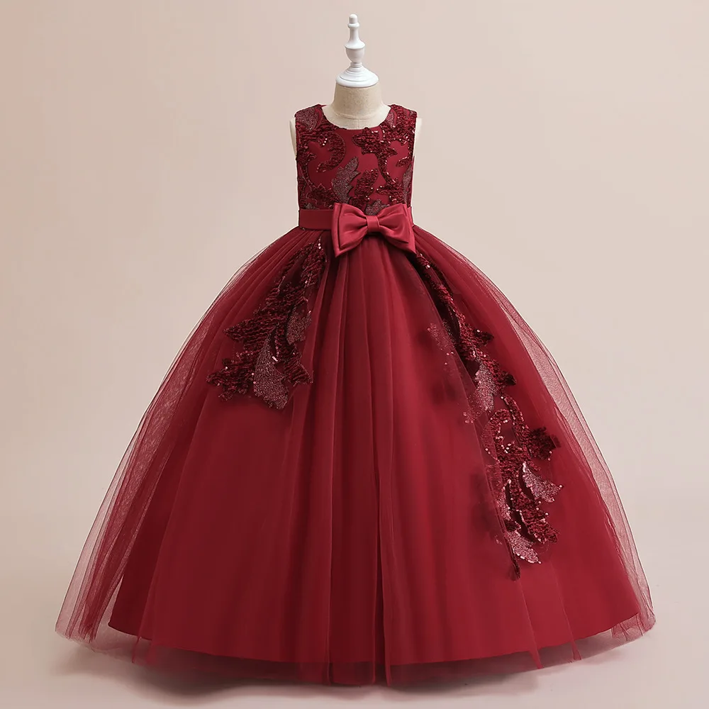 

Exquisite Dark Red Sleevels Appliques Flower Girl Dresses For Wedding 2023 Ballgown Tulle Puffy Princess First Communion Gowns