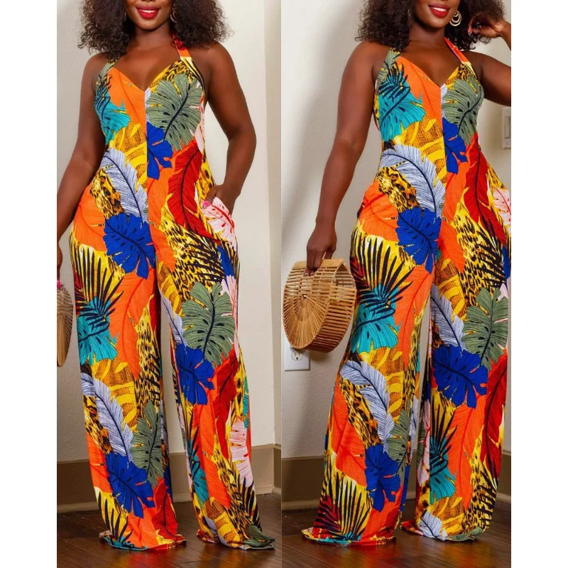 

Women's Jumpsuit 2023 Summer New Fashionable Bohemian Split Sexy Sleeveless Strap Tropical Leaf Print V-neck Jumpsuit Overalls