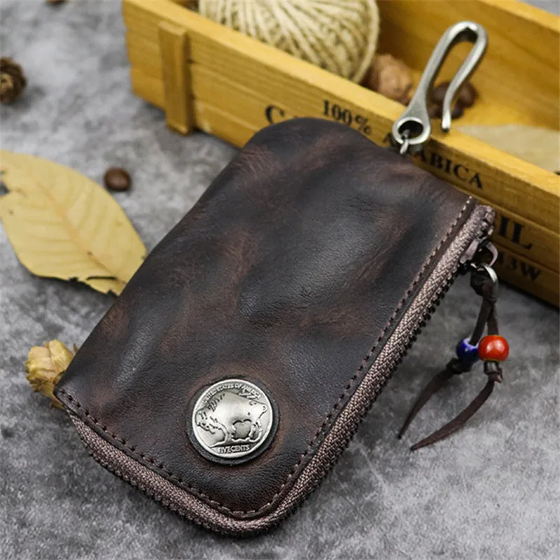 PNDME vintage genuine leather men's women's key bag fashion casual high quality natural first layer cowhide car key coin purse