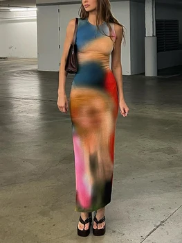 Kendall Jenner Style Colorful Sleeveless Backless Maxi Dress Bodycon Tie Dye Outfits Ladies Birthday Party Club Sundress