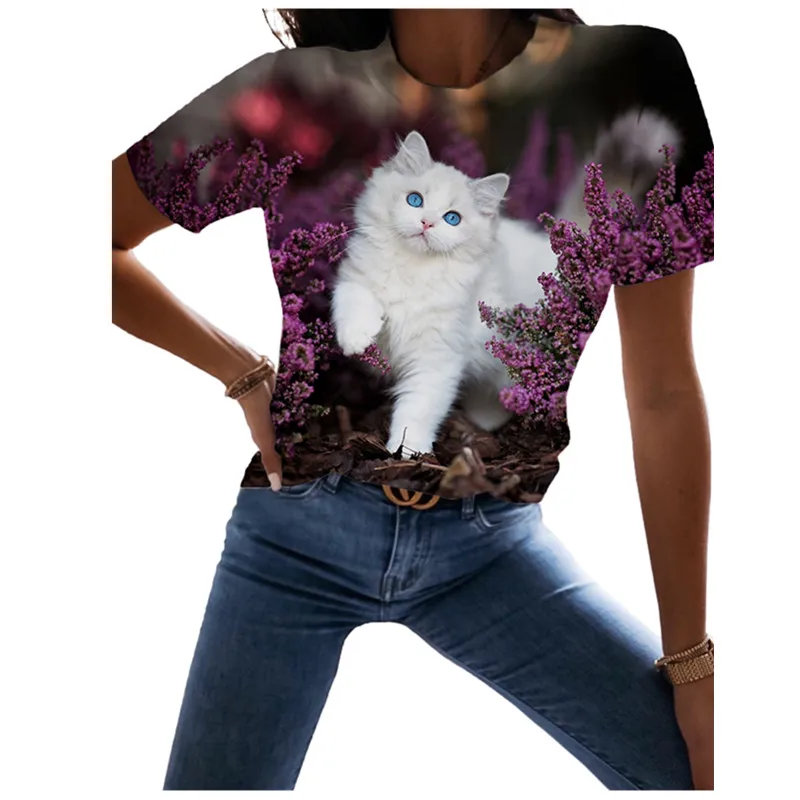 

Женские футболки с принтом милого кота, пуловеры с коротким рукавом, летняя одежда, новинка 2022, модные уличные повседневные женские топы с к...