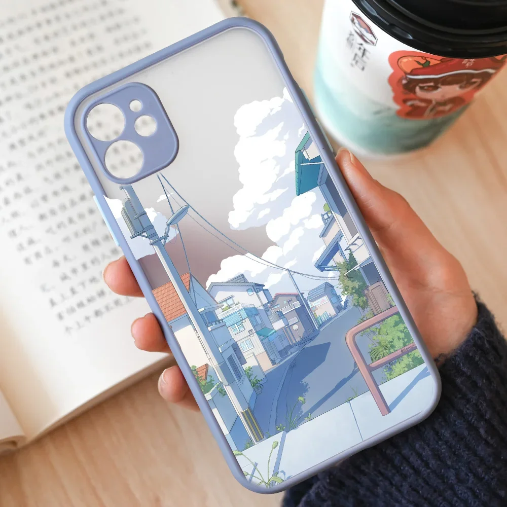 Чехол для телефона с мультяшным пейзажем iPhone 13 15 11 12 14 Pro XS Max 13Mini 7 8 Plus SE X XR матовые