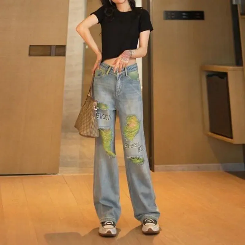 

Женские джинсы с завышенной талией, зеленые прямые брюки с широкими штанинами, дизайнерские брюки с эффектом потертости, джинсовые брюки Y2k Clothin