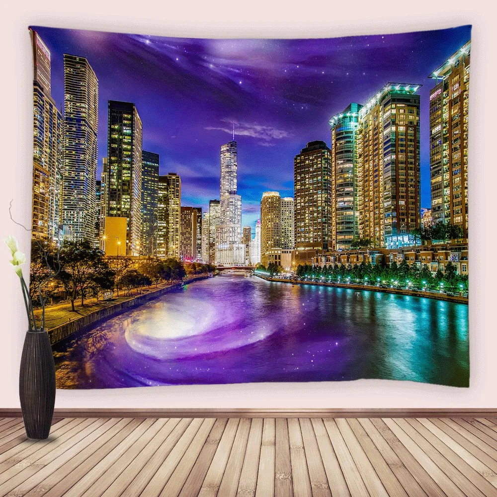 

City Architecture Tapestry Wall Hanging Night Purple Starry Sky River Modern Tapestries Art for Bedroom Living Room College Dorm