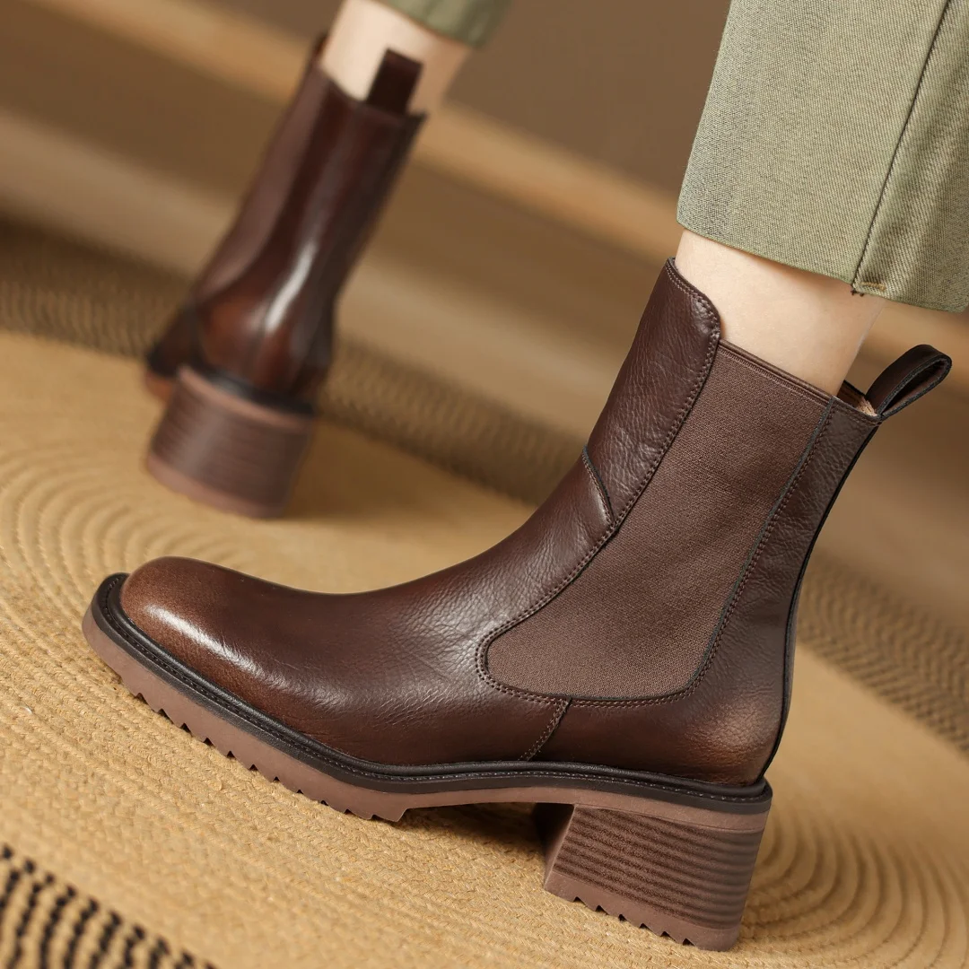 Женские ботильоны из натуральной кожи Лоскутные ботинки-челси эластичной ткани