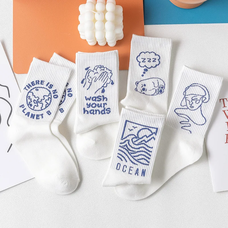 

White Socks Women's Spring Summer Mid-tube Ins Tide Korea Fashion Couple Blue Summer Thin Men Kawaii Sock
