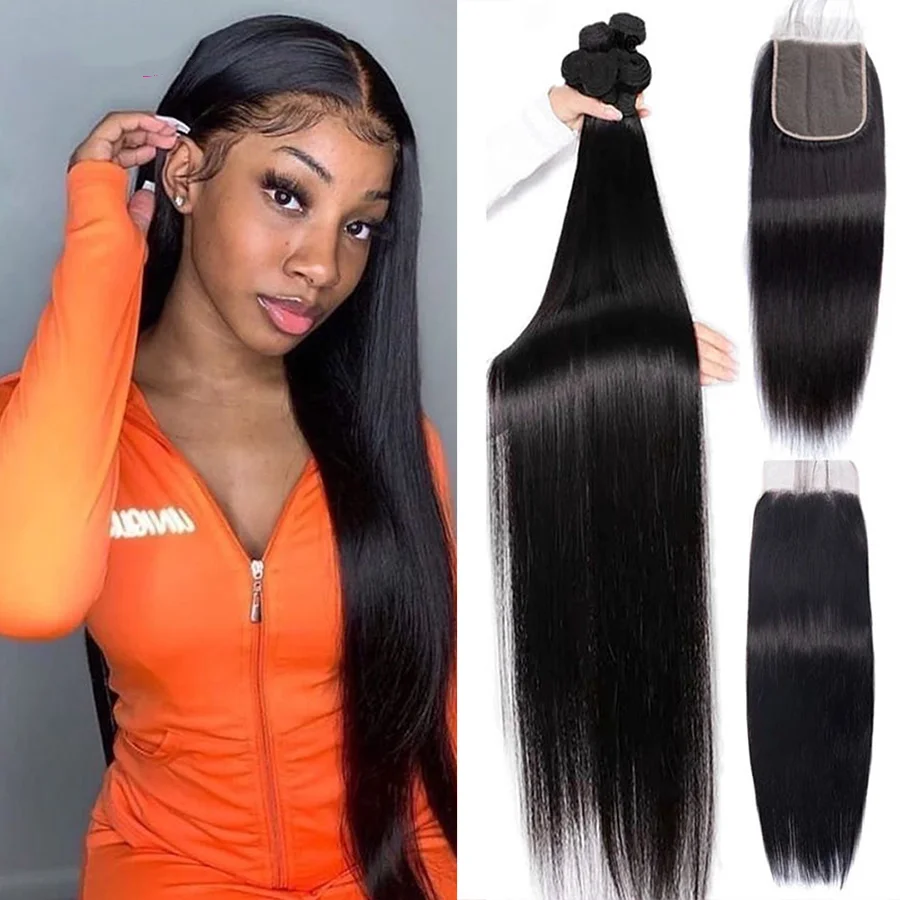 Bone Straight Human Hair Bundles Brazilian Thick Weave Hair Long 30 32 Inch 3 Bundles For Women Pre Plucked Remy Hair Extensions