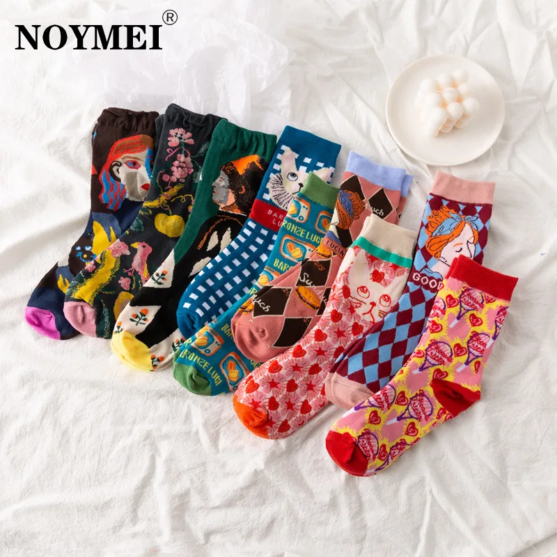 

NOYMEI Cotton For Women Socks Printing Loveliness Kawaii Midi Unisex Retro Preppy Style 2023 Spring Autumn New Fashion
