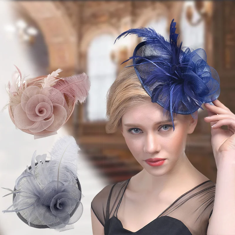 

Vintage Women Fascinator Hat Bridal Mesh Veil Feather Flower Headdress Headband Wedding Party Cocktail Hair Accessories