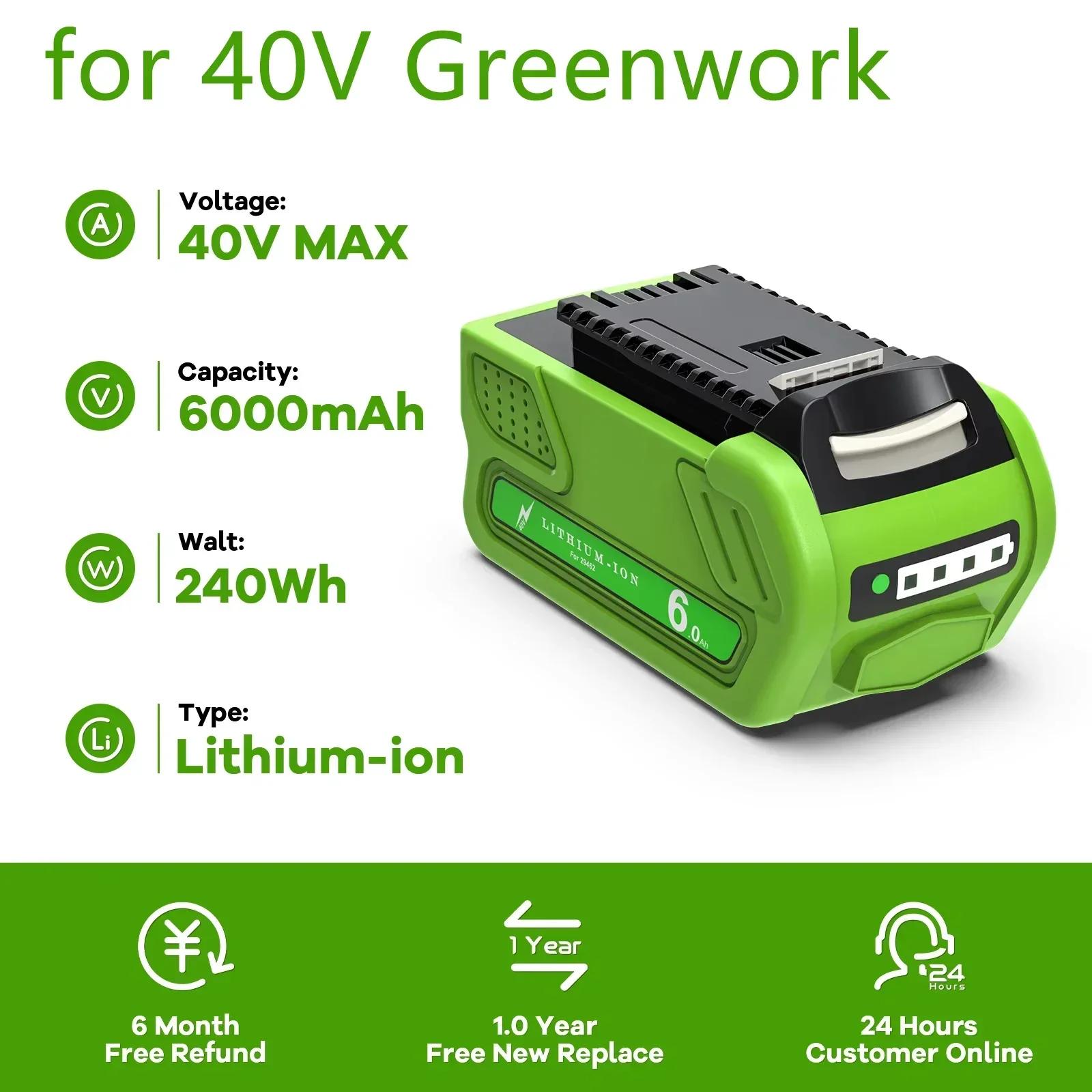 Фото Аккумулятор GreenWorks 29462 40В 6000мАч для 29462 29472 29282 G-MAX, заменяющий батарею для газонокосилок и электроинструментов. №2