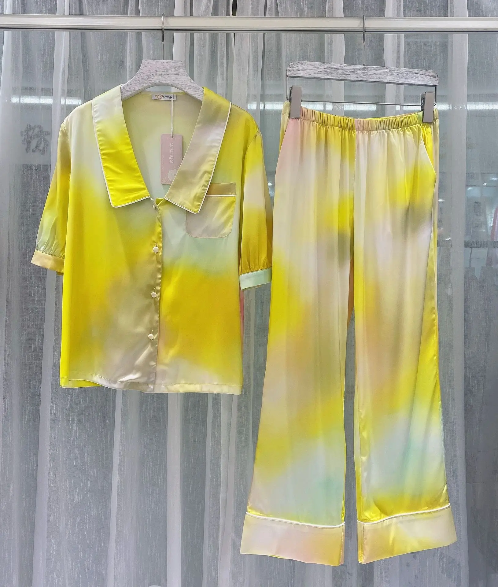 Women's Satin Pajama Set Tie-dye Print Spring Autumn Ladies Sleepwear Long Sleeve Silk Like Turn Down Collar Pijama For Female