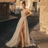 sexy glitter a line wedding dress 2022 sleeveless high slit backless sweetheart bridal gowns long court train robe de mari%c3%a9e